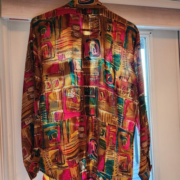Silk bronze, teal and pink blouse - Picture 1 of 6